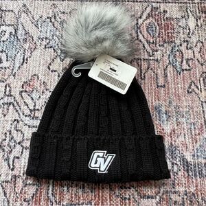 GV Grand Valley State University NWT Ribbed Black Knit Beanie Hat Fur Pom GVSU